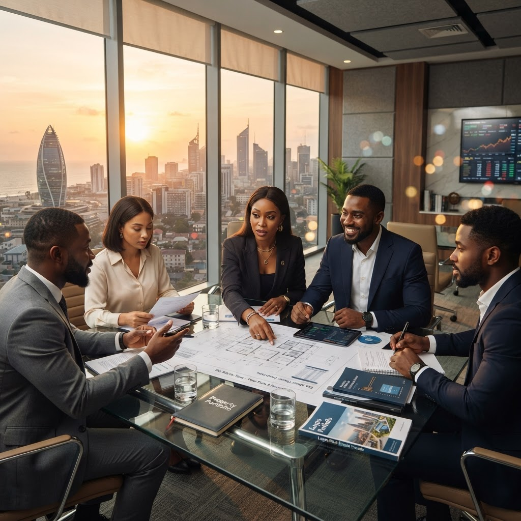 African real estate professionals discussing property investments in modern office