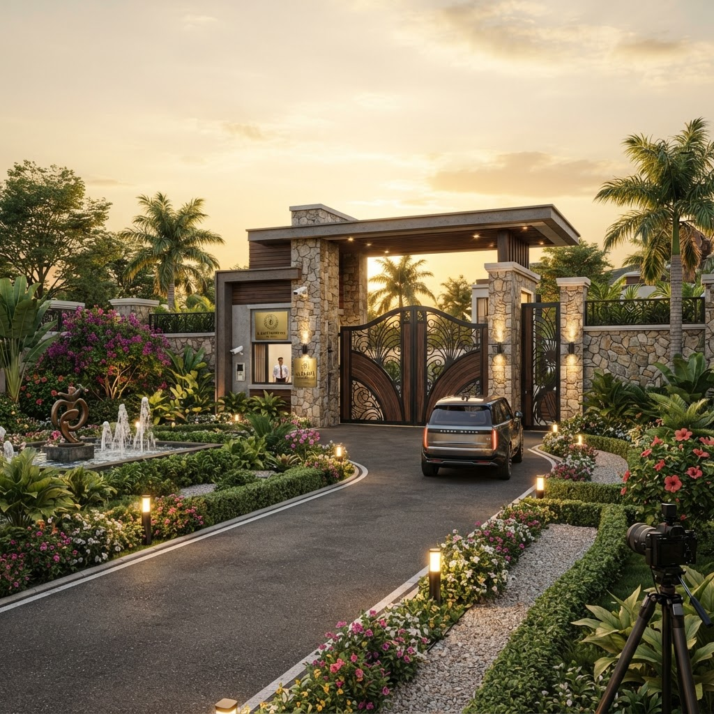 Beautiful landscaped estate entrance gate showcasing professional development