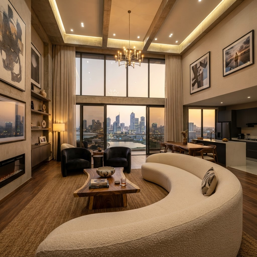 Luxury apartment interior with premium finishes and city views